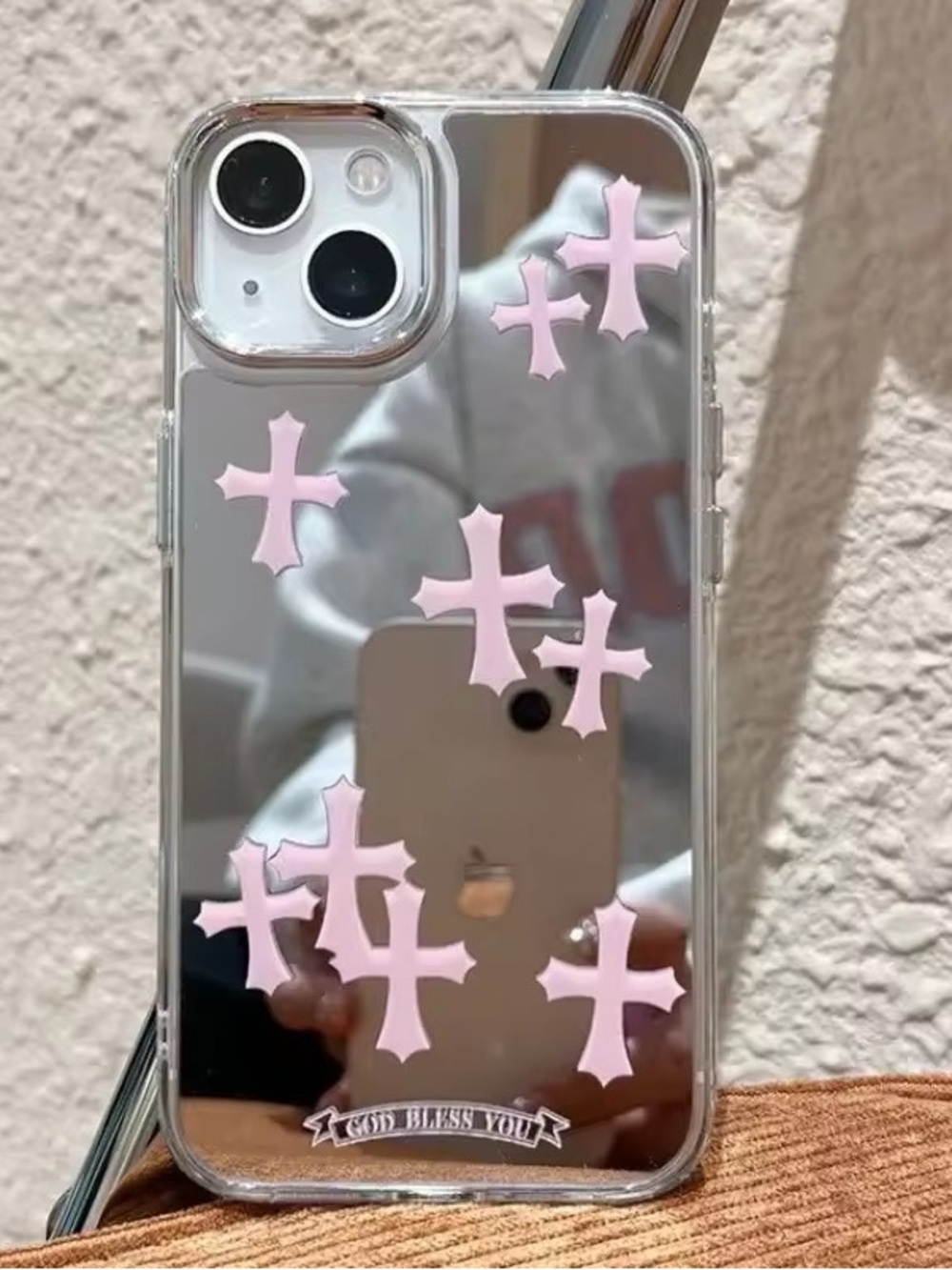 Mirror iPhone Case with Pink Cross Accents